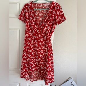 Red floral wrap dress